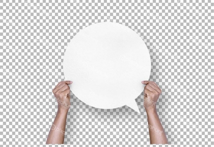 Isolated hand holding round white paper bubble speech bubble
