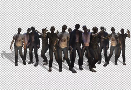 zombies are all wearing different clothes, but they all have the same pale skin and dark hair.