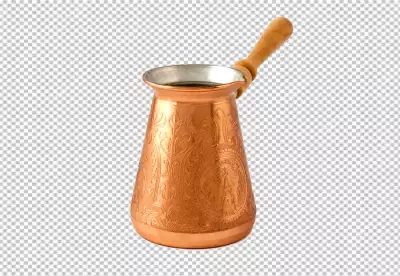 Barista preparing hot tasty drink from copper turk boils water for coffee on small fire in cezve transparent background