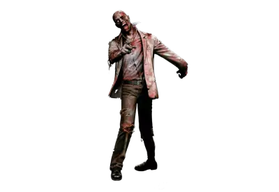 Zombie is wearing a tattered suit and tie, and its skin is pale and rotting