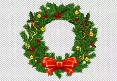 Beautifully crafted Christmas wreath with red bows and green pine needles adorned with red and gold ornaments and topped with a large red bow bg