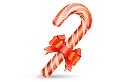 A close up of a candy cane with a bow on Transparent Background