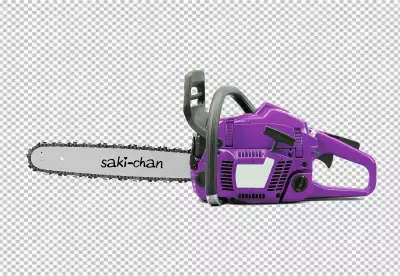 A close up of a chainsaw on a transparent  surface