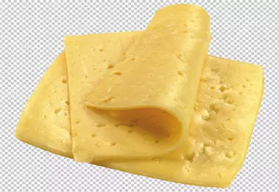 Triangular slice of yellow semihard swiss cheese transparent background 