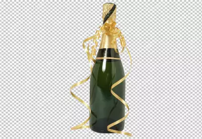 New champagne bottle and silver round confetti on transparent  background