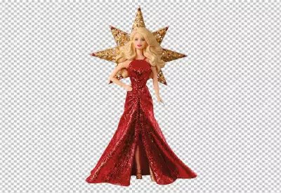 Barbie doll wearing a red dress and standing in a star-shaped ornament