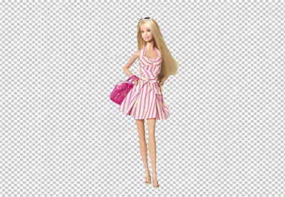 Doll is wearing a pink and white striped dress, a pink purse, and sunglasses