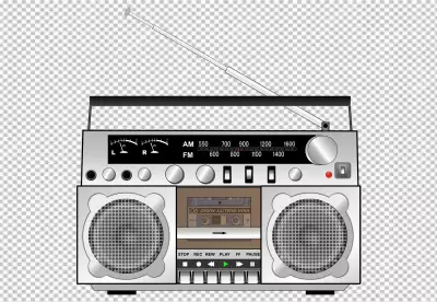 Silver retro boombox stereo cassette player boombox has a black handle on top and a black antenna on the left side