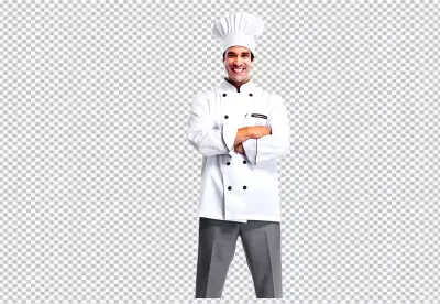 Professional male chef cook in white uniform and cook hat holding carrot looking at camera with smile on face standing over transparent background