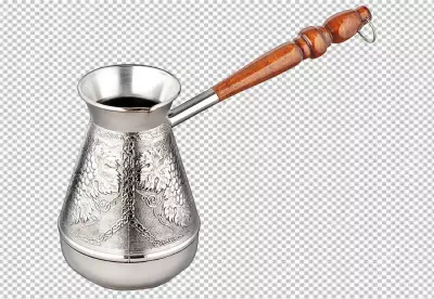 Turkish cezve coffee pot with coffee bean on white minimal still life copy space transparent background