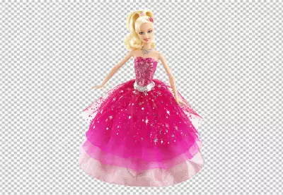 Barbie doll wearing a pink dress right arm is extended to the side and her left arm is bent at the elbow with her hand resting on her hip