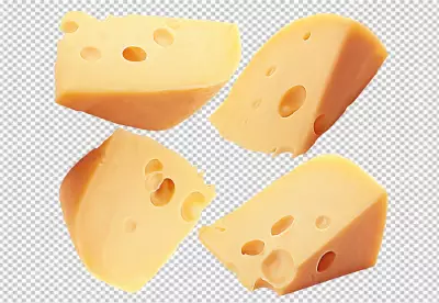 Triangular Pieces of Swiss Cheese Close up Isolated on PNG Background