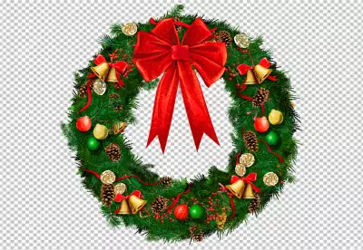 Realistic christmas wreath with red ornaments transparent bg