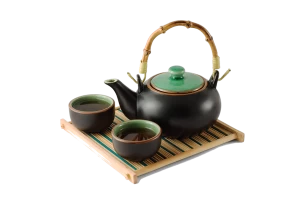 Teapot and tea set on wooden tray png