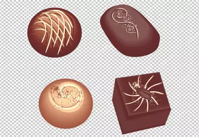 Big chocolate and small ones are each split into three parts isolated on transparent background