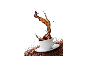 Brown coffee droplets fly around a cup in a chaotic yet artistic splash PNG