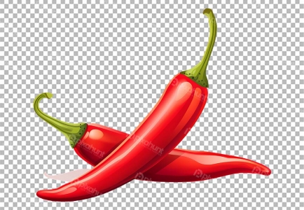 Two red chili peppers with green leaves