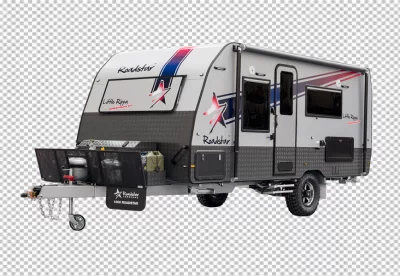 A white and blue rv with a camper on the top.