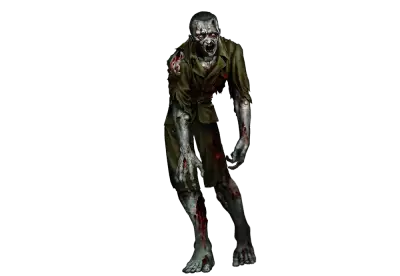 Zombie mouth is open in a snarl, and his teeth are bared