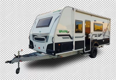 There is a small orange and white trailer parked transparent background 