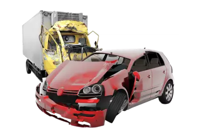 Damaged in heavy car accident vehicles after collision on city street crash site