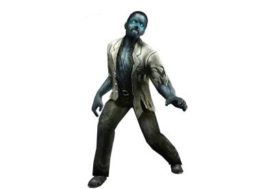 The zombie is wearing a white lab coat, blue pants, and brown shoes