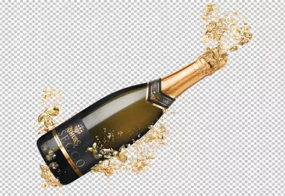 Black champagne bottle explosion with cork and splashes