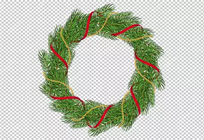 A wreath with a red ball and a red bow PNG