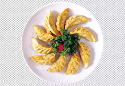 High angle of asian dumplings dish with herbs and chopsticks