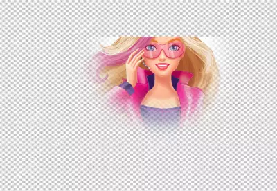 Close-up of Barbie a popular fashion doll is wearing a stylish pink suit and sunglasses and has her hair in a ponytail