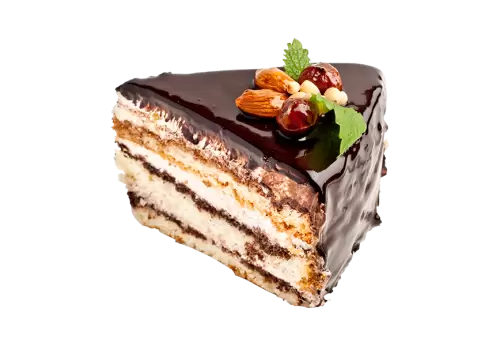 Slice of tasty chocolate cake with strawberry on top transparent background
