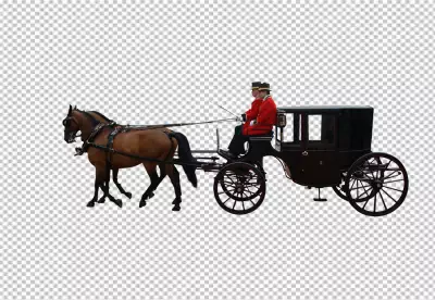 Brown horse and old classic open carriage coach Isolated on transparent background 