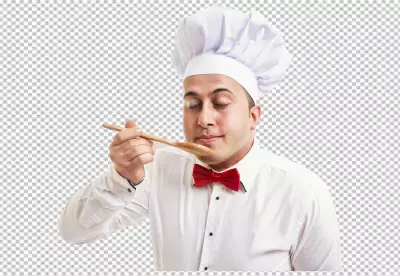 Happy male Indian chef with crossed arms wearing white chef uniform on transparent 