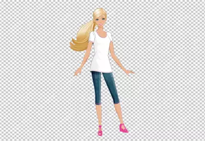 Barbie is standing in a relaxed pose with her left foot slightly forward and her right foot back