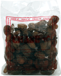 Closeup of a bag of dried black raisins