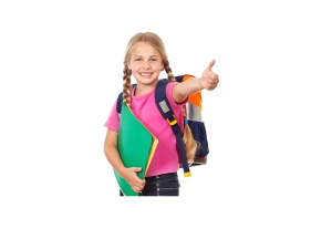 Happy child school girl with backpack and book in her hands isolated on transparent background png