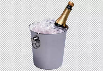 Champagne bottle in ice bucket and two full glasses realistic transparent background 