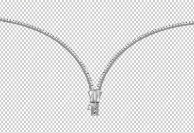 A silver zipper that is open. The zipper is lying flat on a white background