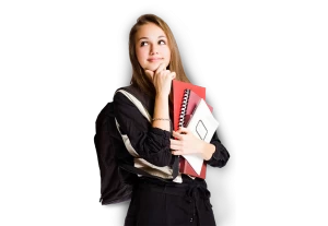 Smiling woman with books and mortarboard PNG