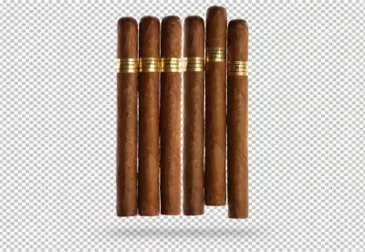 A cigar is shown in its wrapper with a PNG background