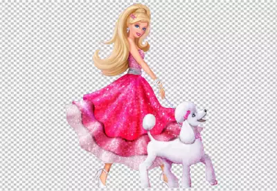 Barbie doll dressed in a vibrant sparkling pink gown posing gracefully with a white poodle companion