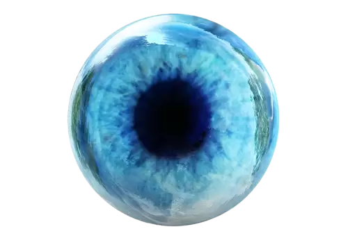 Realistic image of an eye Iris cornea retina with luminous flash Light blue eye