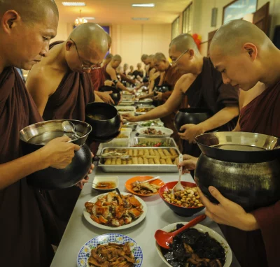 Group of Buddhist monks in Thailand holding a bowl