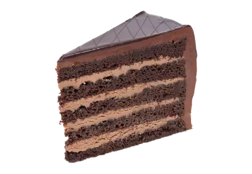 Portioned chocolate cake garnished with thin chocolate transparent background