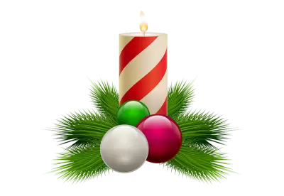 Christmas composition with a burning candle two red Christmas balls and Christmas tree twigs transparent background