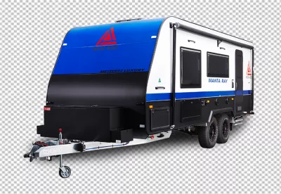 Isolated Realistic Shiny blue Travel Camper Van Car from Left Front View