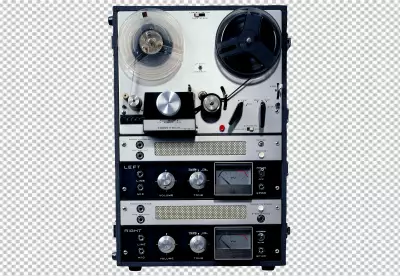 Vintage reel-to-reel tape recorder is a black and silver machine with a lot of buttons and knobs