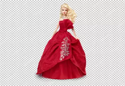 Barbie doll is wearing a red dress with a silver bow around her waist