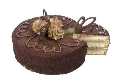 Cake poured with chocolate and decorated with different cookies on a png