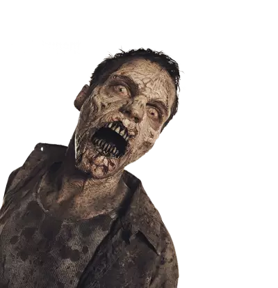 The zombie is in a position where he is looking at the camera with his mouth open and his teeth bared